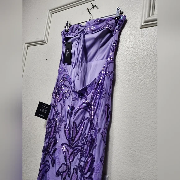 Lulus Shimmering Icon Lavender Sequin Lace-Up Strapless Maxi Dress M Party Prom - Picture 11 of 12